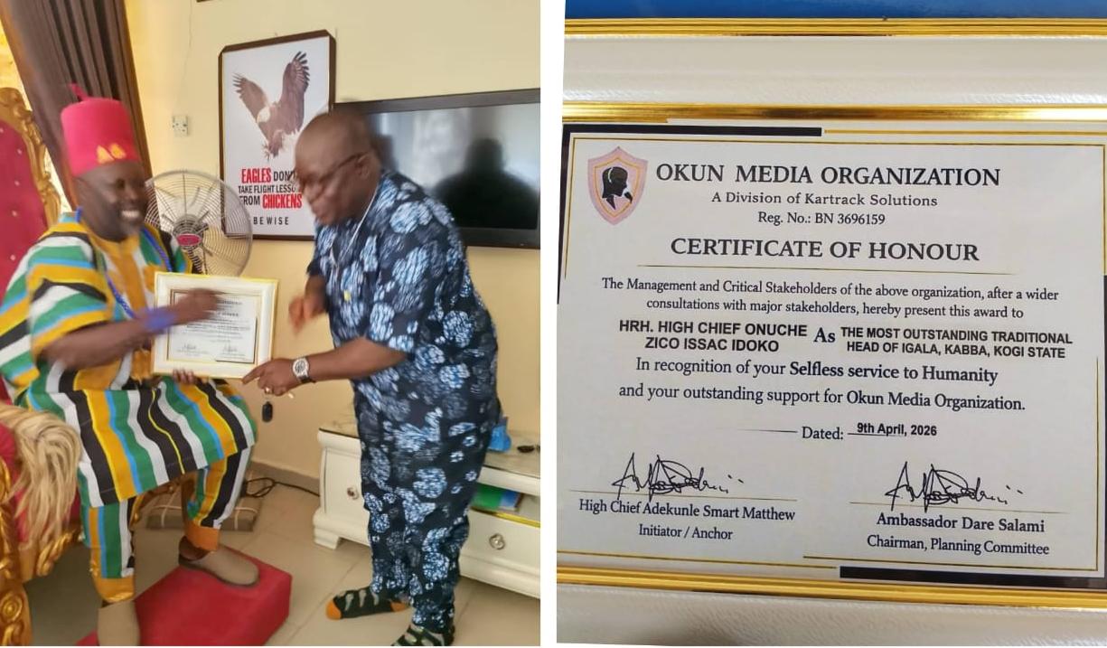 You are currently viewing Royal Distinction in Kabba: OKUN MEDIA ORGANIZATION Crowns HRH. High Chief Onuche Zico Issac Idoko as the Most Outstanding Traditional Head of Igala Land in Kabba